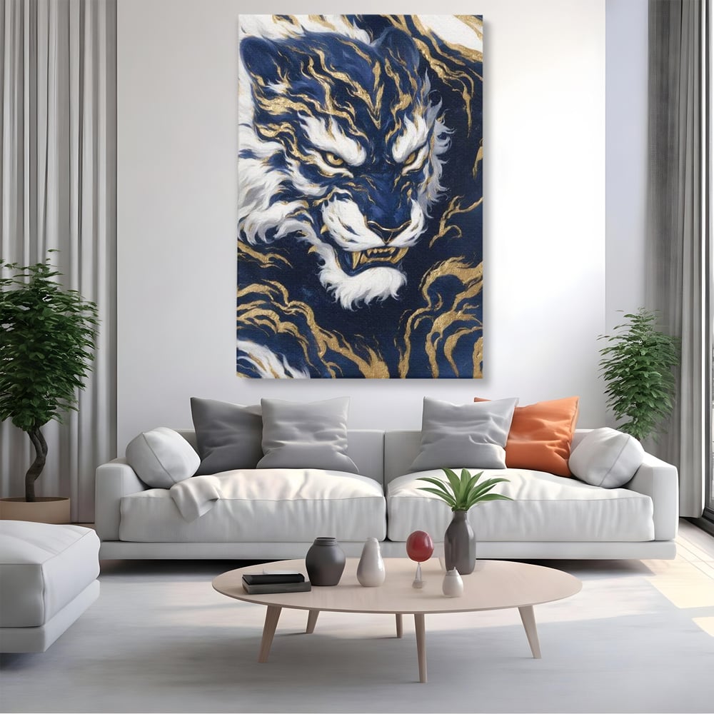 Tablou canvas cu tablou canvas cu tigru albastru si flacari aurii, fara rama, pe sasiu de lemn, pe perete intr-un living